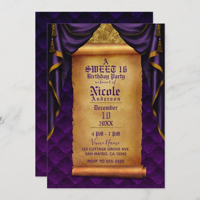 Royal Purple & Gold Drapes Scroll Birthday Party Invitation (Front/Back)