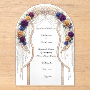 Royal Purple & Gold Floral Arch Wedding Acrylic Invitations