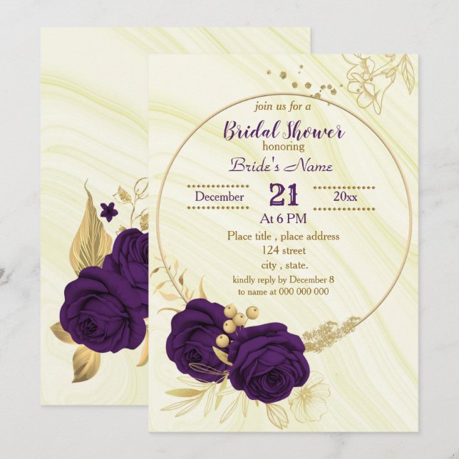 royal purple gold floral bridal shower invitation (Front/Back)