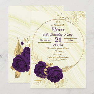 royal purple gold floral geometric birthday party invitation