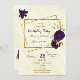 royal purple gold floral geometric birthday party invitation