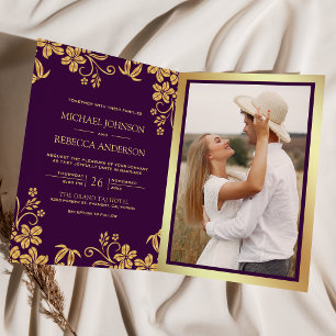 Royal Purple Gold Floral Leaves QR Code Wedding Invitation