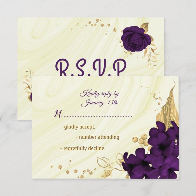 royal purple gold floral marble  RSVP card (Front/Back)