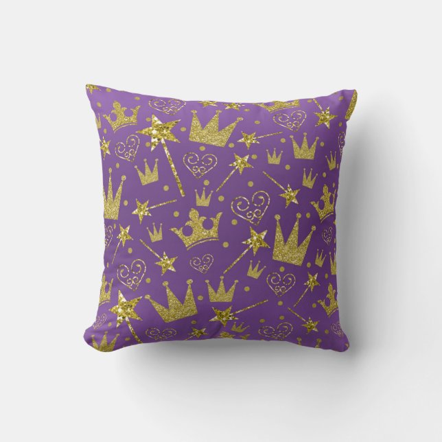 Royal Purple & Gold Glitter Girls Princess Decor Cushion (Front)