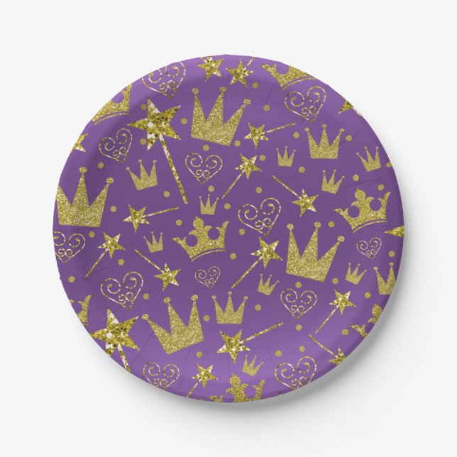 Royal Purple & Gold Glitter Girls Princess Party Paper Plate (Front)
