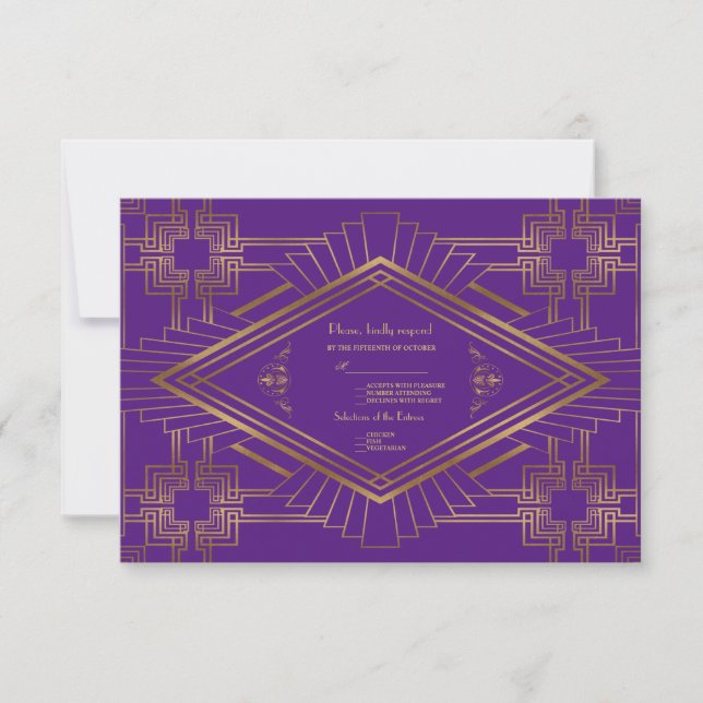 Royal Purple Gold Great Gatsby Wedding RSVP Card (Front)