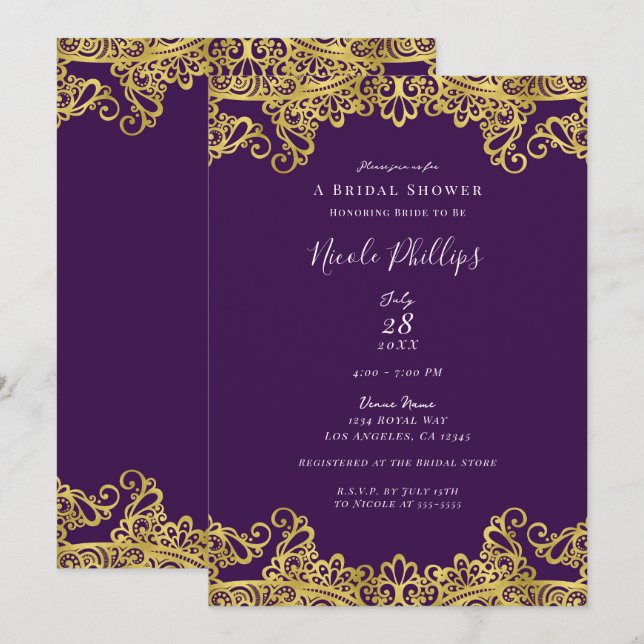 Royal Purple & Gold Lace Elegant Bridal Shower     Invitation (Front/Back)