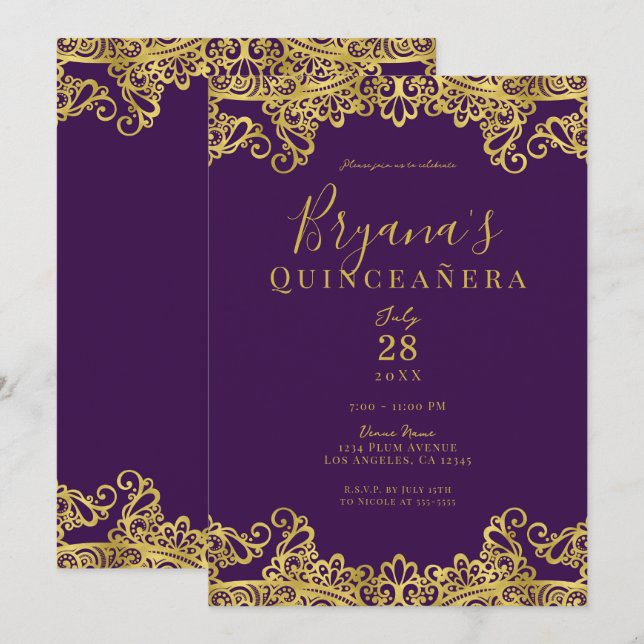 Royal Purple Gold Lace Elegant Quinceañera Party   Invitation (Front/Back)