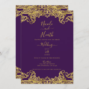 Royal Purple & Gold Lace Elegant Wedding    Invitation