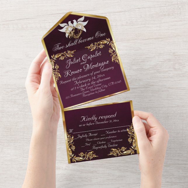 Royal Purple, Gold Leaves, Doves & Heart All In One Invitation (Tearaway)