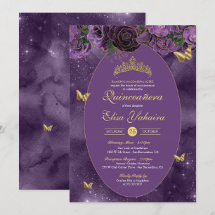 Royal Purple Gold Luxury Butterfly Quinceanera Invitation