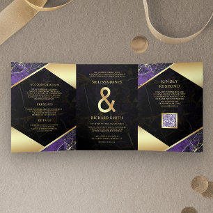 Royal Purple Gold Marble Ampersand QR Code Wedding Tri-Fold Invitation