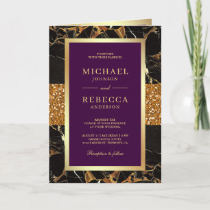 Royal Purple Gold Marble Photo QR Code Wedding Invitation