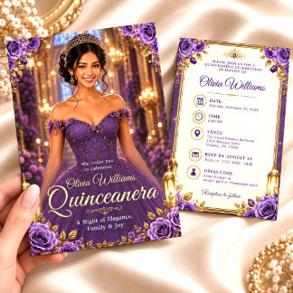 Royal Purple & Gold Quinceañera Birthday Invitation