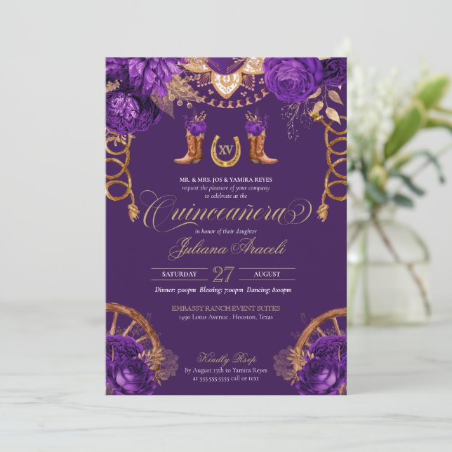 Royal Purple Gold Rose Country Western Quinceanera Invitation (Standing Front)