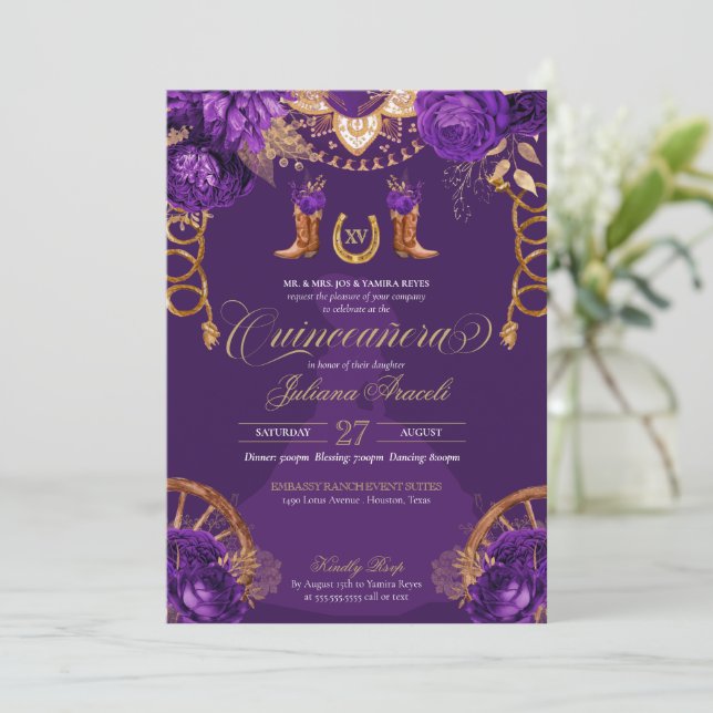 Royal Purple Gold Roses Charro Western Quinceanera Invitation (Standing Front)