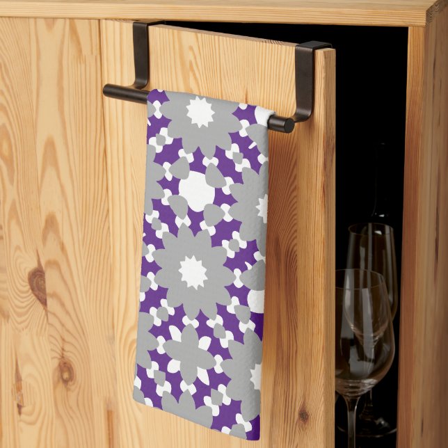 Royal Purple Grey White Connected Circles Pattern Tea Towel (Thirds Fold)