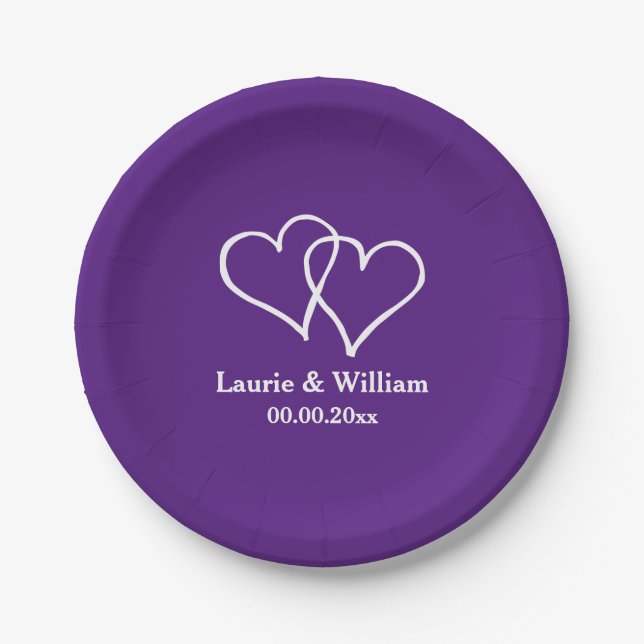 Royal purple interlocking heart custom party plate (Front)