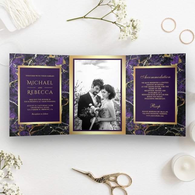 Royal Purple Marble Faux Gold Foil Photo Wedding Tri-Fold Invitation (Creator Uploaded)