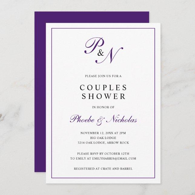 Royal Purple Monogram Couples Bridal Shower Invitation (Front/Back)