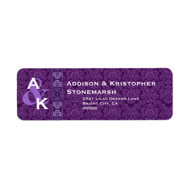 Royal Purple Monogram Damask Wedding W002 Return Address Label (Front)