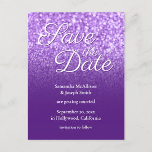 Royal Purple Ombre Bokeh Glitter Save the Date Postcard