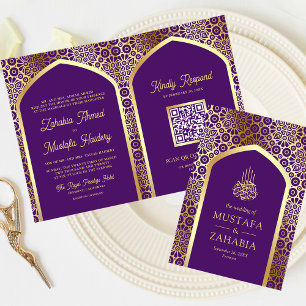 Royal Purple Persian Arch QR Code Muslim Wedding Invitation