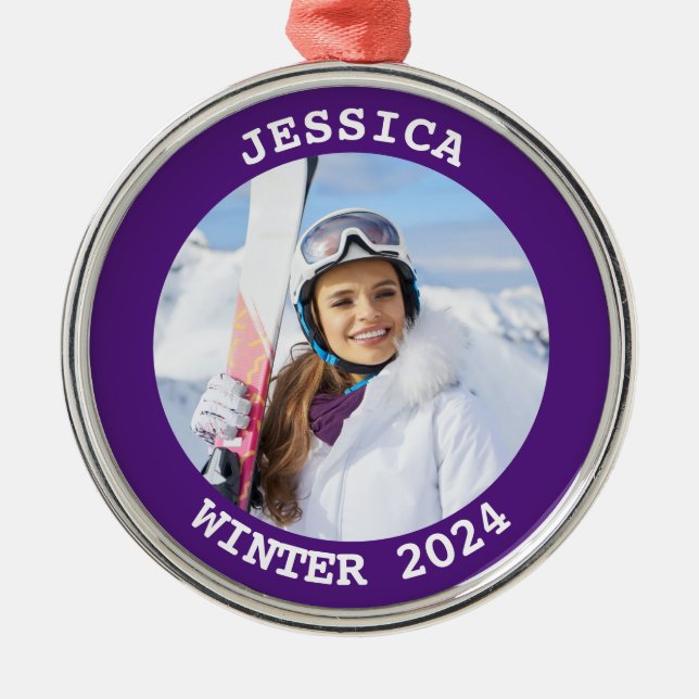Royal Purple Personalised Round Family Photo Metal Ornament (Front)