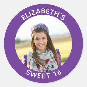 Royal Purple Photo Sweet 16 Birthday Favour Classic Round Sticker