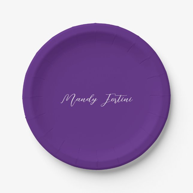Royal Purple Plain Elegant Minimalist Calligraphy Paper Plate (Front)