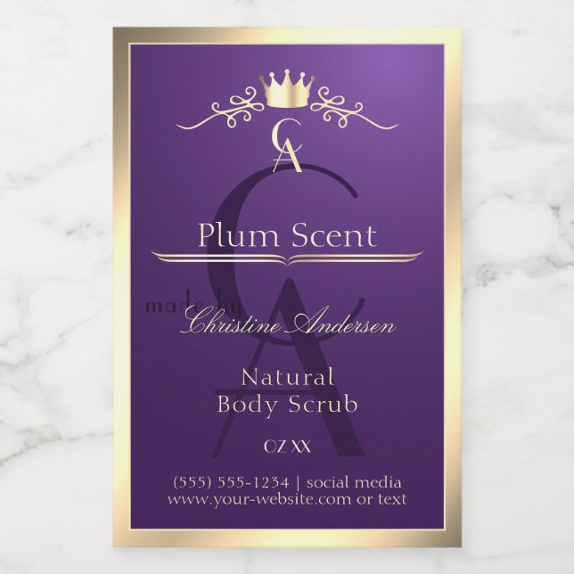 Royal Purple Product Label Gold Frame and Monogram (Single Label)