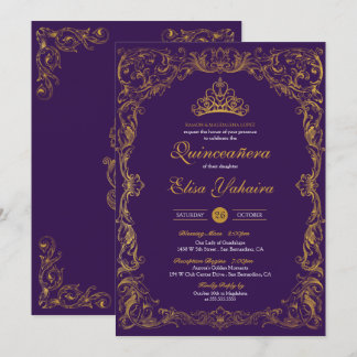 Royal Purple Regal Gold Tiara Princess Quinceanera Invitation