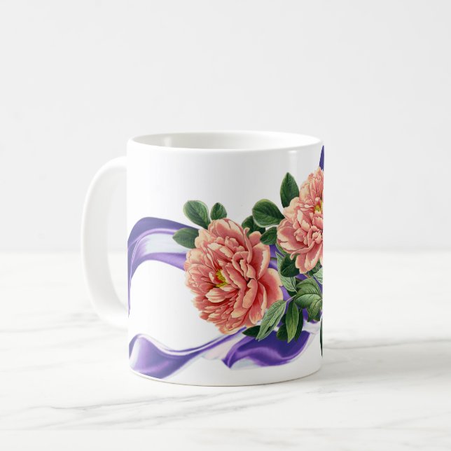 Royal Purple Ribbon & Floral Wedding Favour Mug (Front Left)