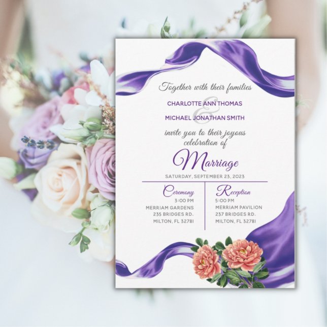 Royal Purple Ribbon & Floral Wedding Invitation (Creator Uploaded)