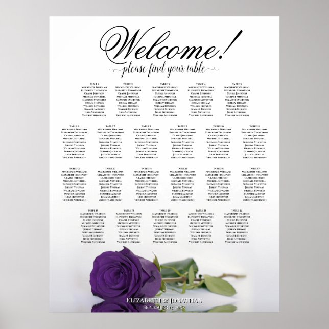 Royal Purple Rose 22 Table Wedding Seating Chart (Front)