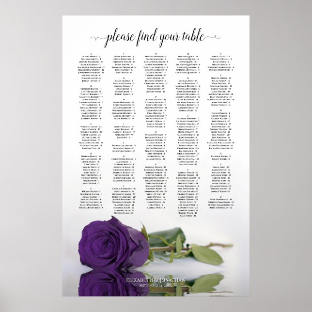 Royal Purple Rose Alphabetical Seating Chart (Front)