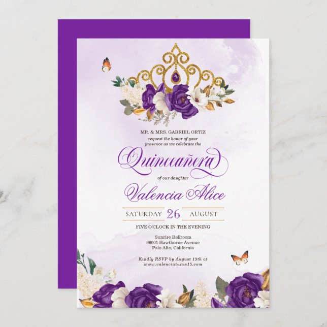 Royal Purple Rose Butterfly Gold Tiara Quince Invitation (Front/Back)