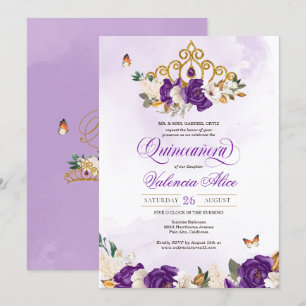 Royal Purple Rose Butterfly Princess Quinceanera  Invitation