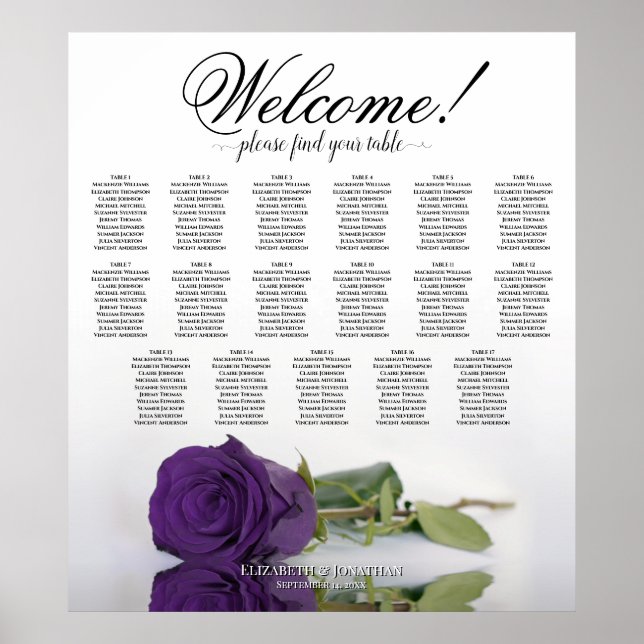 Royal Purple Rose Elegant 17 Table Seating Chart (Front)