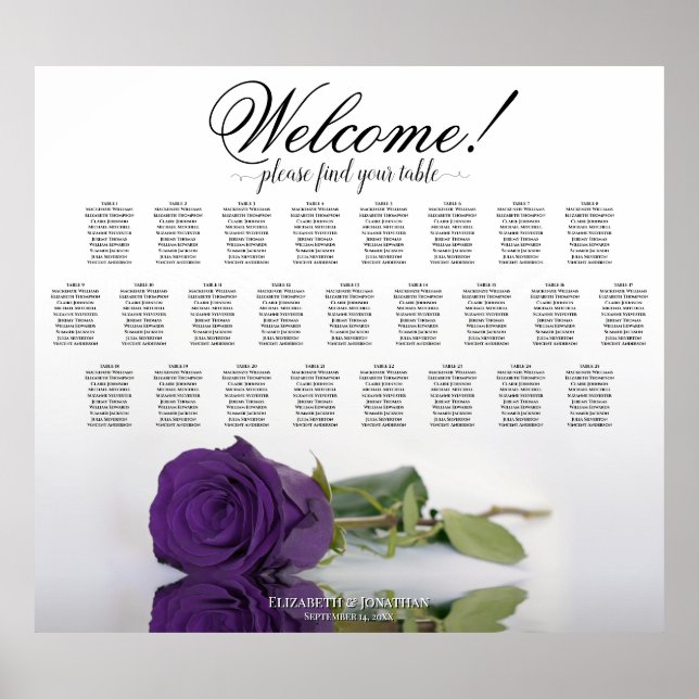 Royal Purple Rose Elegant 25 Table Seating Chart (Front)