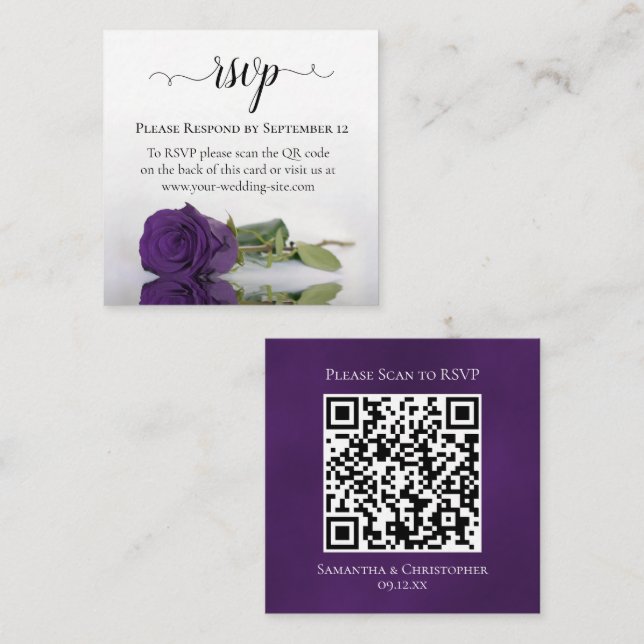 Royal Purple Rose Elegant Wedding RSVP QR Code Enclosure Card (Front/Back)