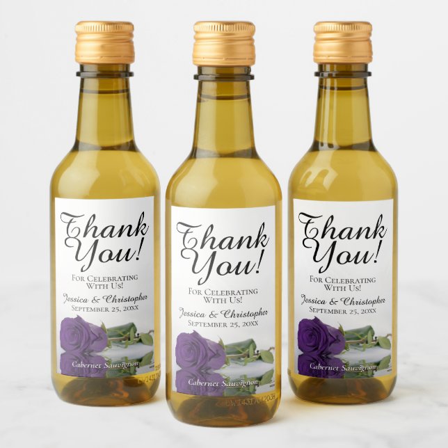 Royal Purple Rose Elegant Wedding Thank You Mini Wine Label (Bottles)