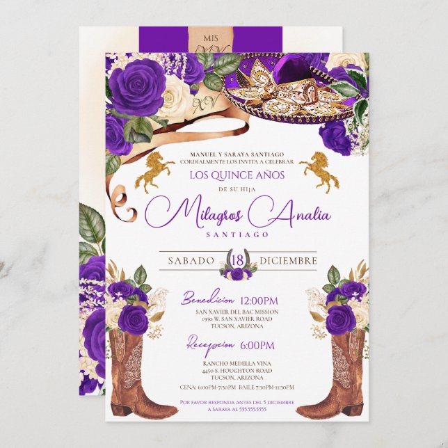 Royal Purple Rose Fancy Western Charro Invitation (Front/Back)