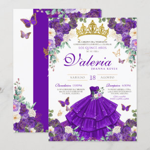 Royal Purple Roses Butterfly Princess Quinceanera Invitation