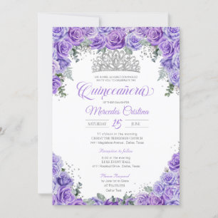 Royal Purple Roses & Silver Tiara Quinceanera Invitation