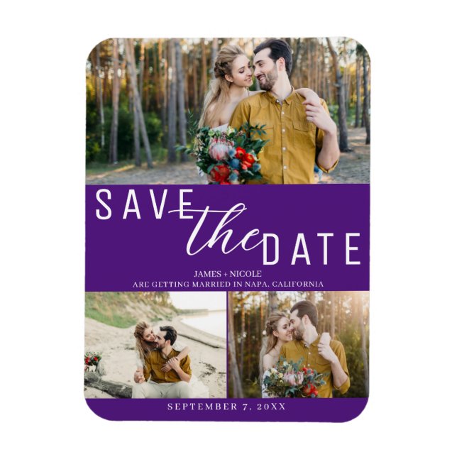 Royal Purple Save the Date Wedding 3 Photos Magnet (Vertical)
