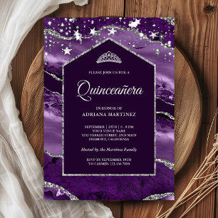 Royal Purple Silver Agate Marble Arch Quinceanera Invitation