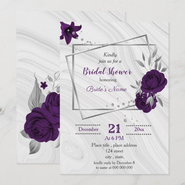 royal purple silver floral bridal shower invitation (Front/Back)