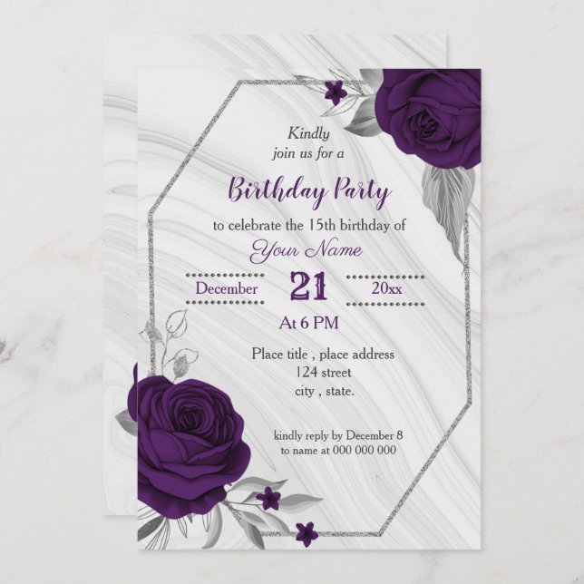 royal purple silver floral geometric birthday invitation (Front/Back)