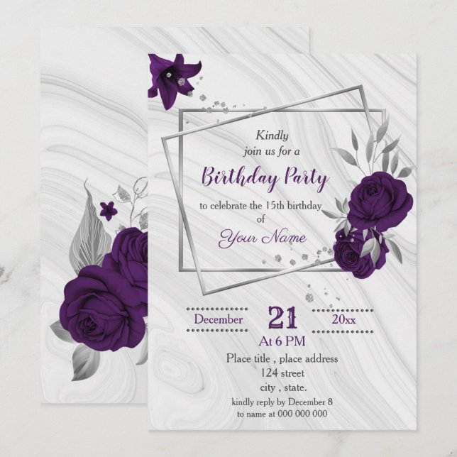 royal purple silver floral geometric birthday invitation (Front/Back)